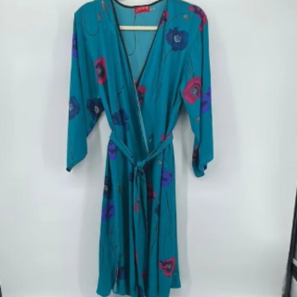 Josie Natori Teal with Pink and Blue Floral Kimono Robe Size XSmall - Picture 1 of 6